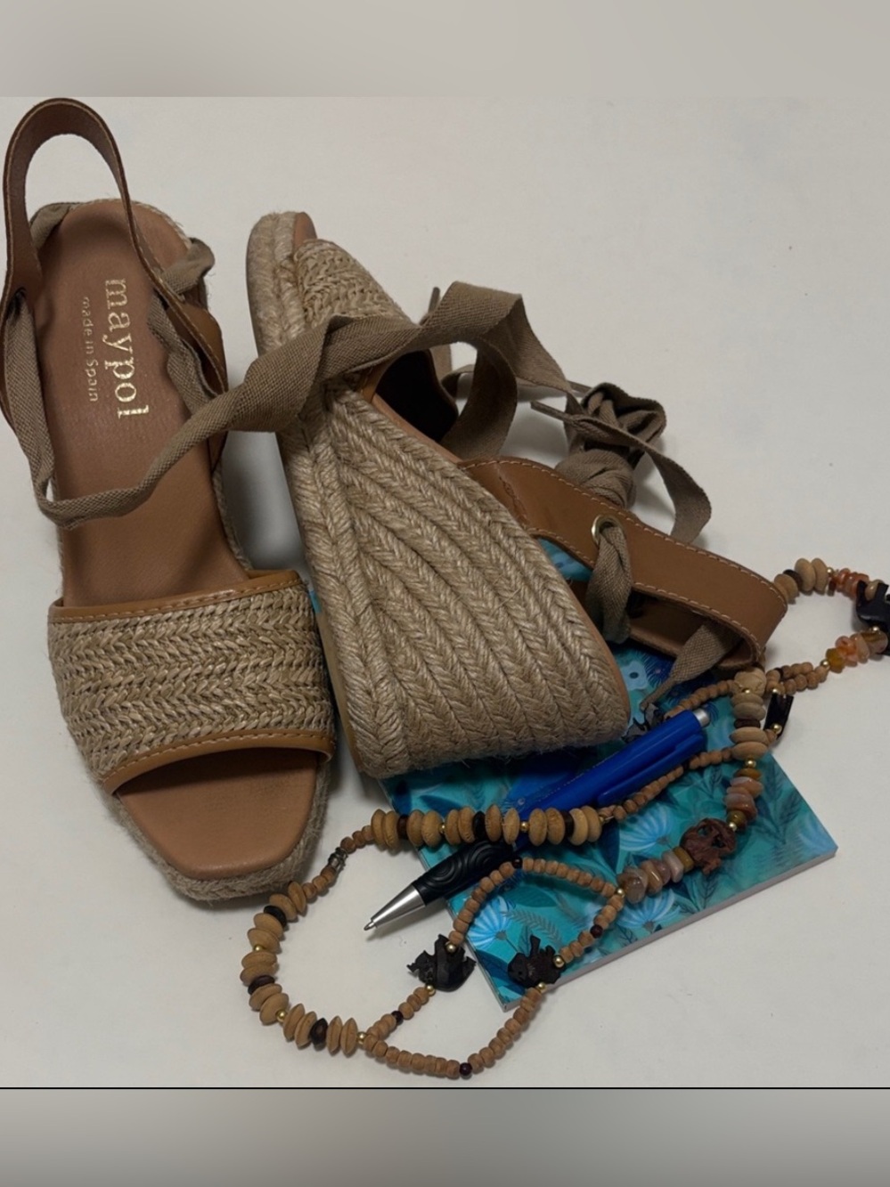 Maypol Spain Tan Espadrille Woven Nude Wedge Sandals Tie Anthropologie 39 8.5
